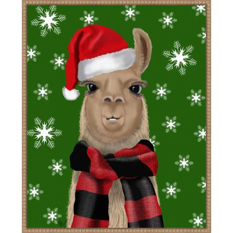 Llama Christmas Hat by Fab Funky (23 x 28 in.), Framed Canvas Wall Art Print - Sylvie Beaded Rustic Natural
