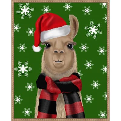 Llama Christmas Hat by Fab Funky (23 x 28 in.), Framed Canvas Wall Art Print - Sylvie Beaded Rustic Natural