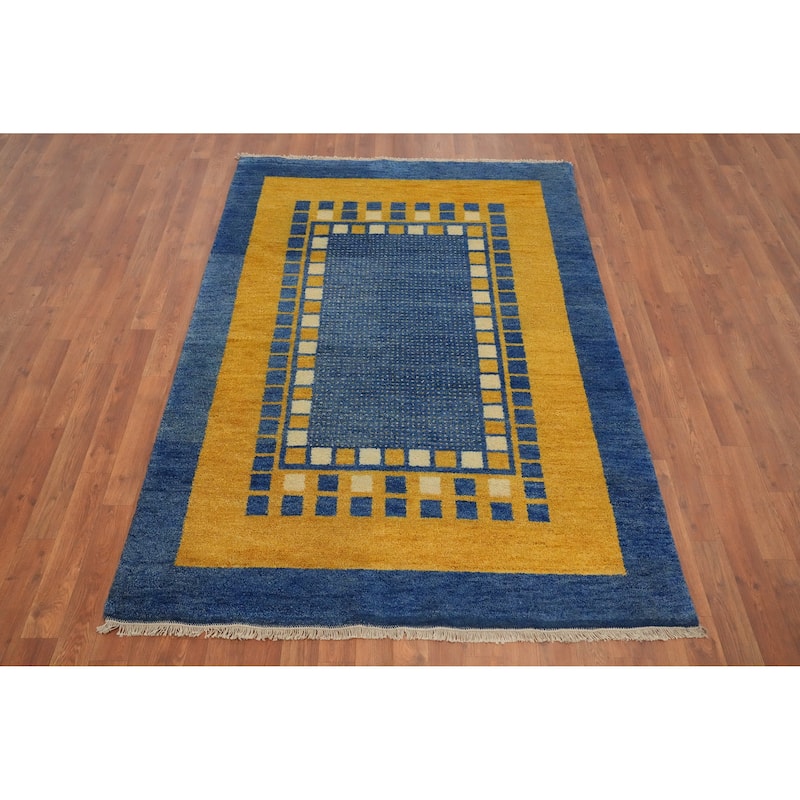 Hand Knotted Oriental 100% Wool Carpet Modern Geometric Navy Blue & Blues Gabbeh Area Rug - 6' 5'' X 4' 5''
