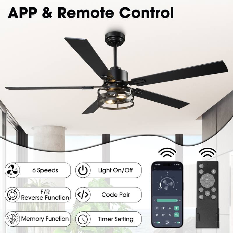 Vaczon 52" Industrial Reversible Wood 5-Blade Black Ceiling Fan with Light and APP Control