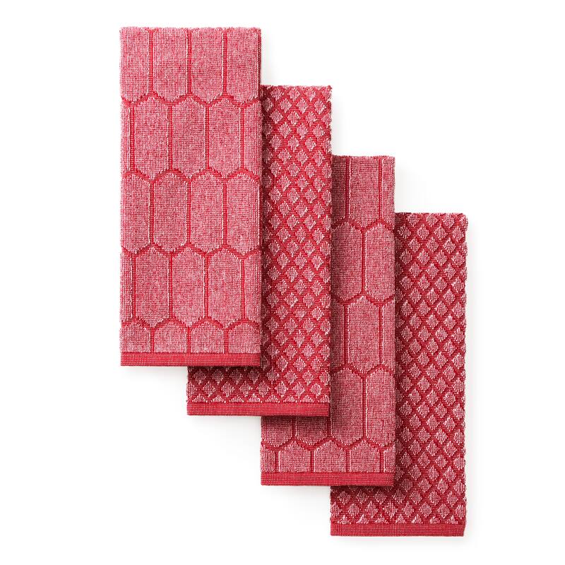 MARTHA STEWART Honeycomb Chambray Textured Kitchen Towel 4-Pack Set - Red