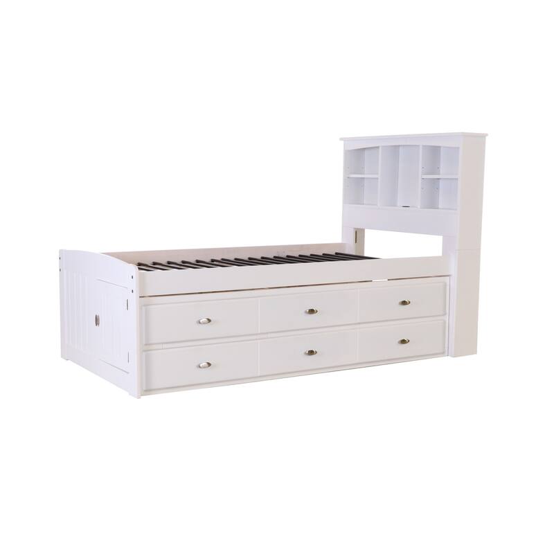 Twin Bookcase Bed with Drawers - Solid Pine Bed - Underbed Storage - Casual White Finish