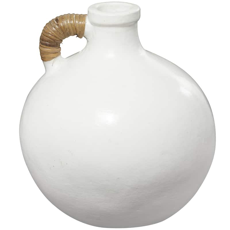 White Ceramic Jug Inspired Decorative Vase with Rattan Wrapped Handle