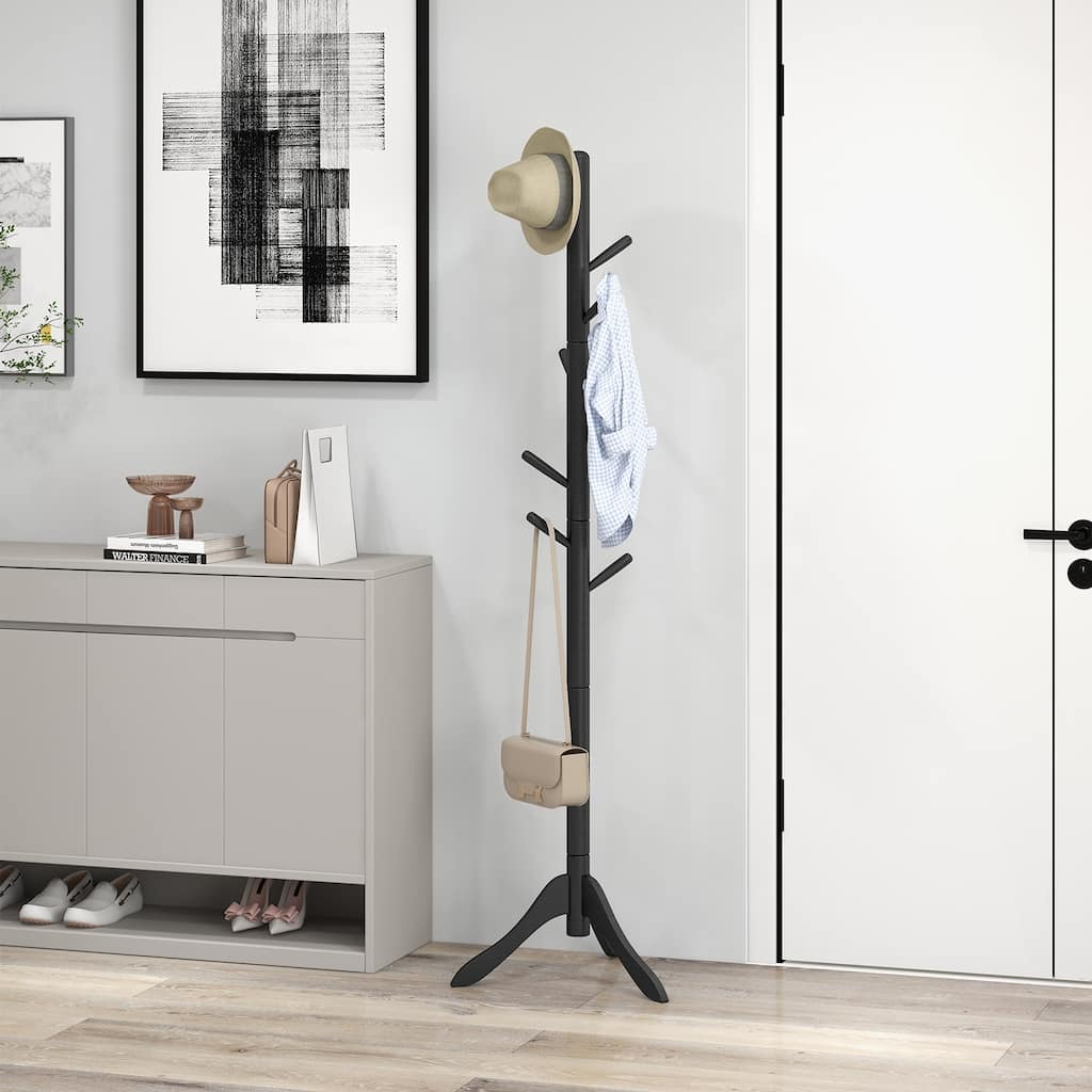 8 Hook Adjustable Wooden Tree Coat Rack for Home Office Hall - 19.5" x 19.5" x 54.5"/ 69"