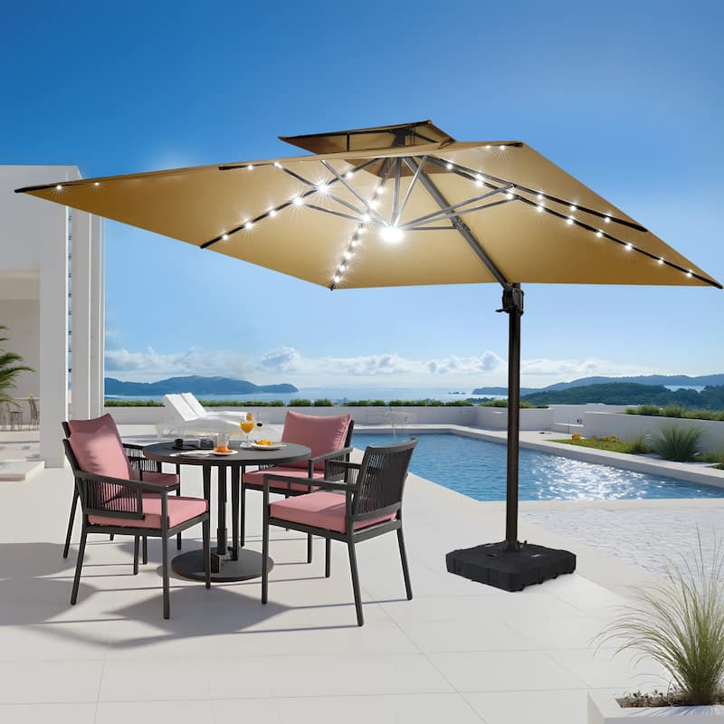 Pellebant 9x11FT Outdoor Dual Top Cantilever Patio Umbrella LED Light with HDPE Base - Tan