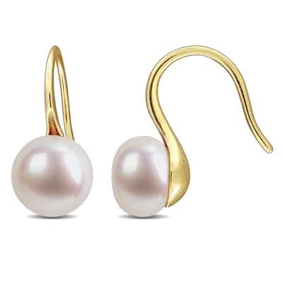 Miadora 7-8mm Cultured Freshwater Pearl Wave Shepherd Hook Earrings Yellow Plated Sterling Silver