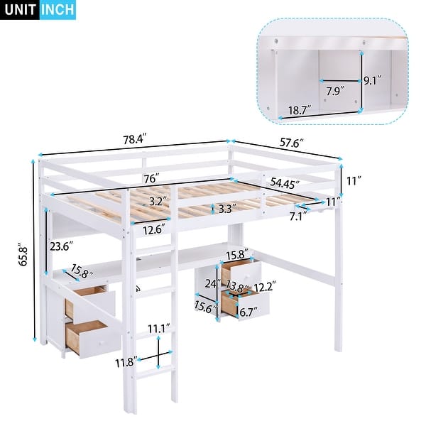 Full Size Loft Bed with Integrated Desk, Cabinets, Drawers, Bedside Tray, and Charging Station in White