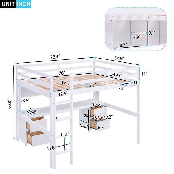 White Full Size Loft Bed Solid Pine Wood Bed Frame w/ Desk 4 Cabinets, 4 Drawers, Bedside Tray & Charging Station for Kids Teens