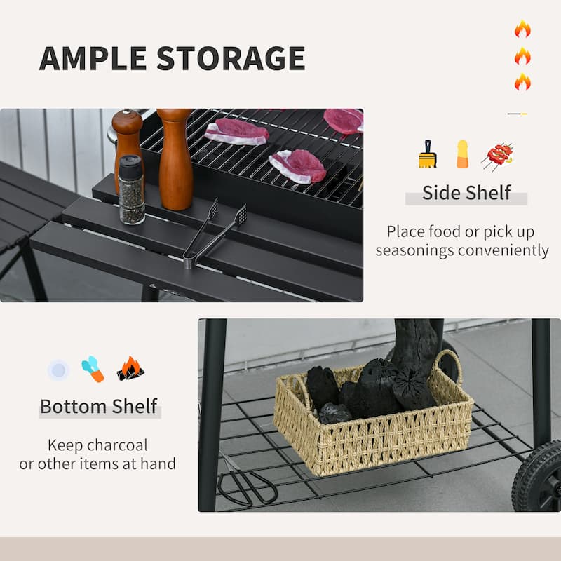 Outsunny 30" Portable Charcoal BBQ Grill Carbon Steel Outdoor Barbecue with Adjustable Charcoal Rack, Storage Shelf, Wheel