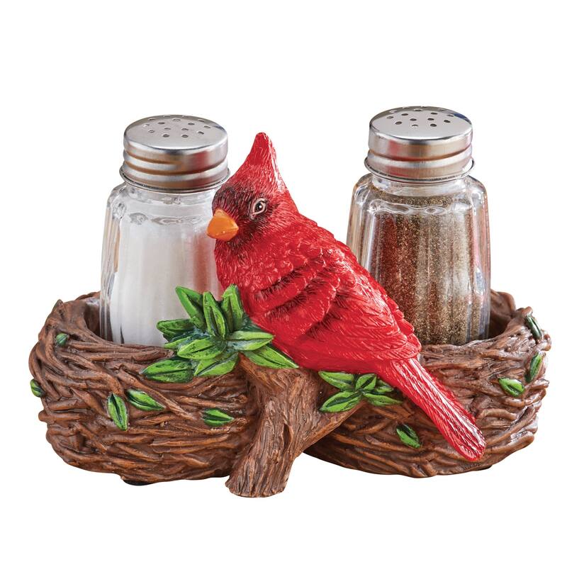 Hand-Painted Cardinal Nest Salt & Pepper Shaker 3-Piece Set