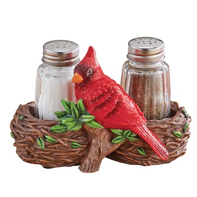 Hand-Painted Cardinal Nest Salt & Pepper Shaker 3-Piece Set