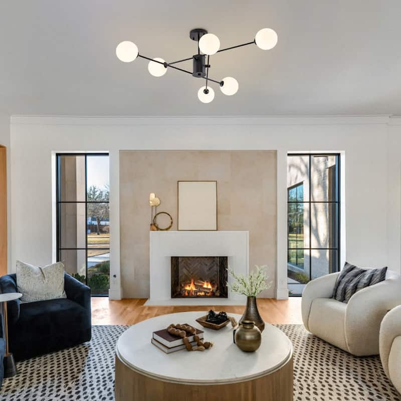 Modern Living Room 6-Light Radial Matte Glass Globe Semi-flush Mount - 38.6 in