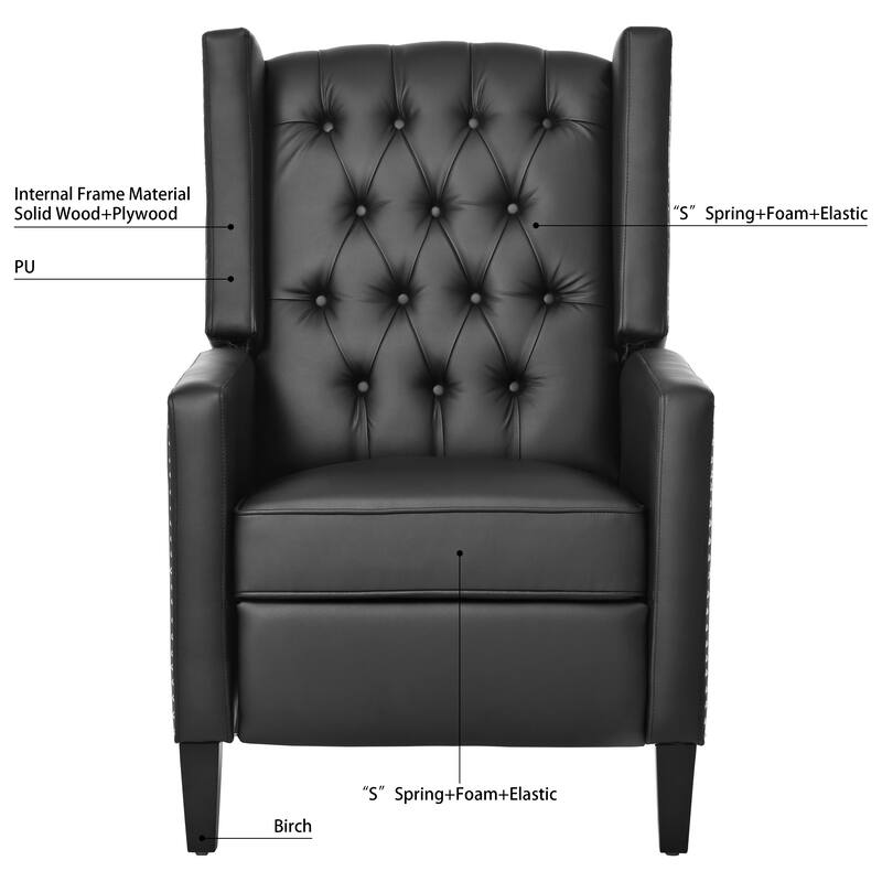 Manual Wing Back Chair Recliner, Solid Wood and Spring Support Accent