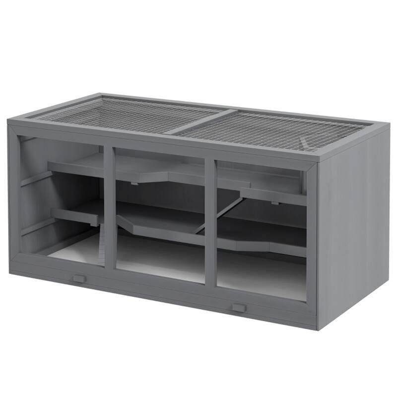 Wooden Hamster Cage with Multiple Levels, Clear Window and Tray - 45.25" L x 22.5" W x 21.75" H - Grey