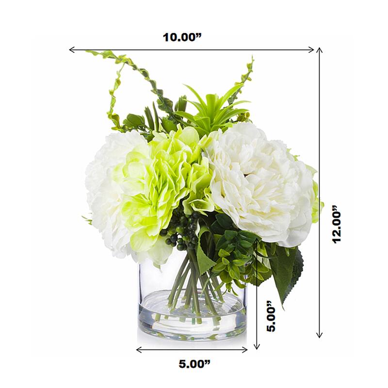 Enova Home Mixed Artificial Silk Peony and Hydrangea Fake Flowers Arrangement in Clear Glass Vase for Home Office Decoration