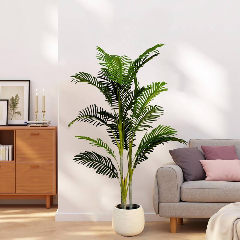 Roomfitters 61'' Artificial Palm Tree Set of 2, Tall Faux Indoor Plants with Black Plastic Pots for Home Decor, Green - Green