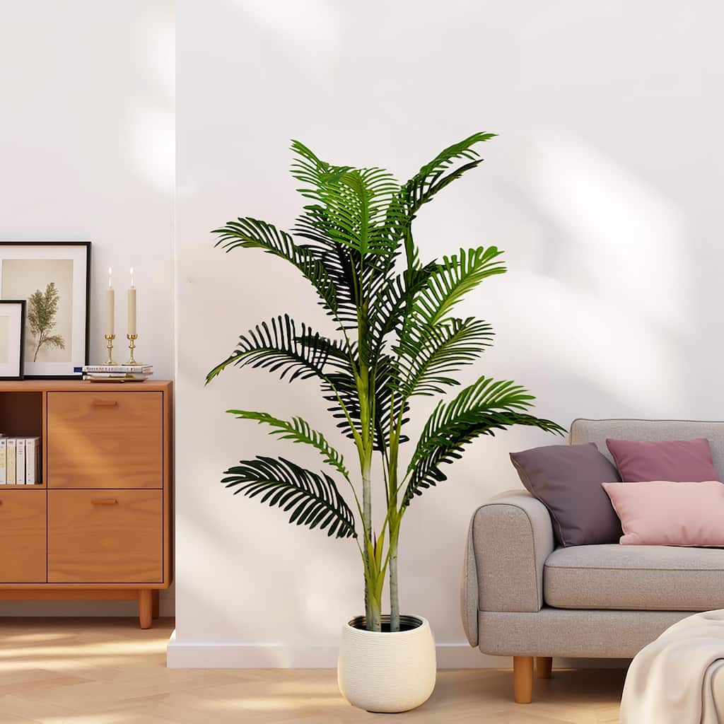 Roomfitters 61'' Artificial Palm Tree Set of 2, Tall Faux Indoor Plants with Black Plastic Pots for Home Decor, Green