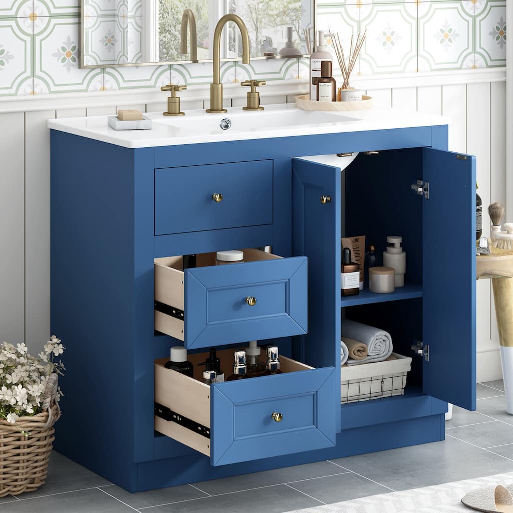 36" Modern Bathroom Vanity with Ceramic Sink, 2 Drawers & Shelf Storage Cabinet, Blue MDF & Solid Wood