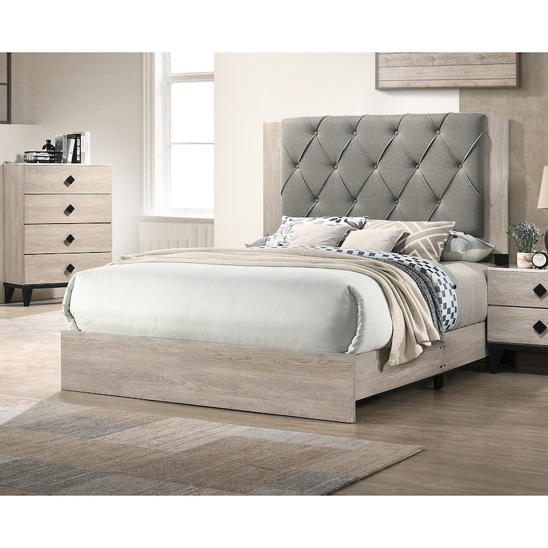 Queen Size Rubberwood Tufted Platform Bed Frame with Upholstered Headboard