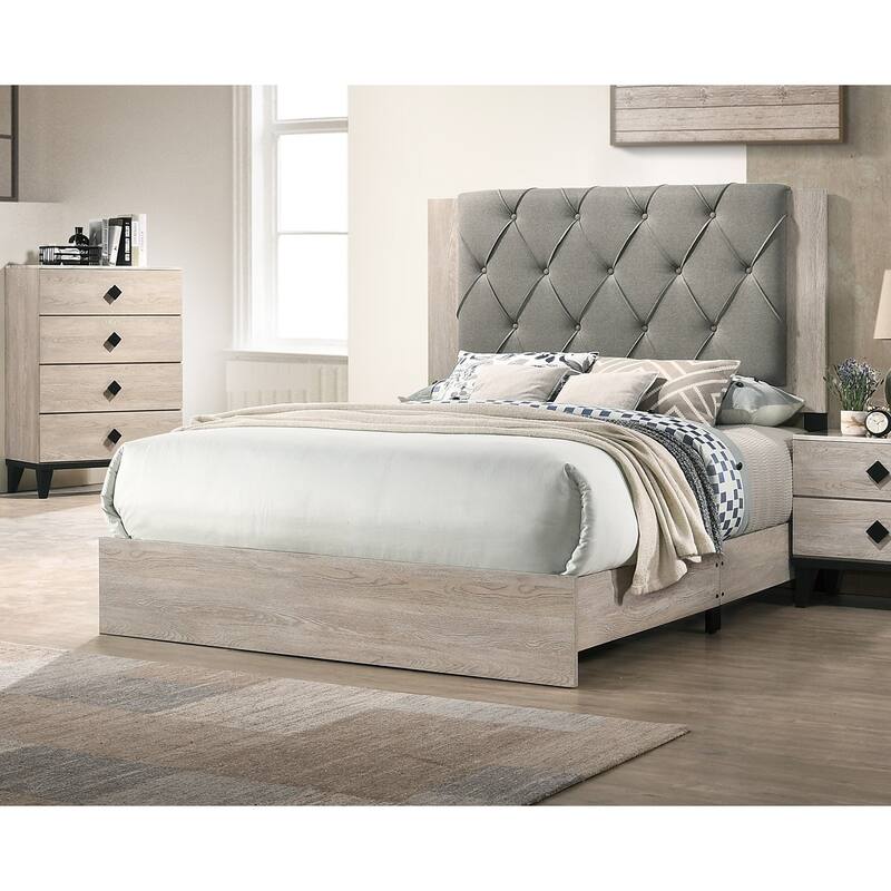 Queen Size Upholstered Bed with Tufted Gray Headboard in Cream Finish - Rubberwood Frame