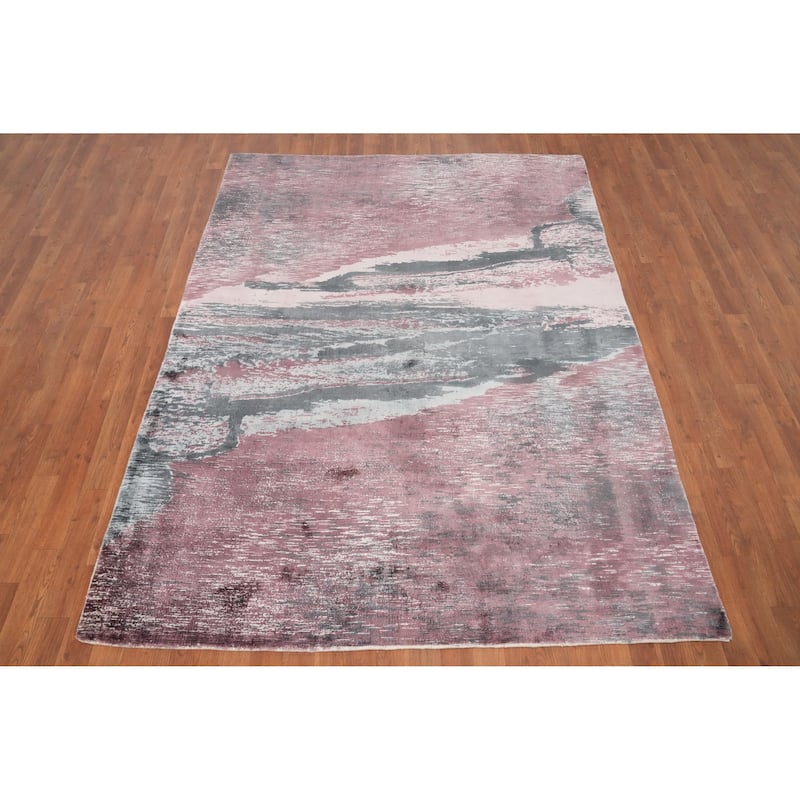 Hand Knotted Oriental Viscose Silk Carpet Modern Pictorial Pink Abstract Area Rug - 7' 8'' X 5' 6''