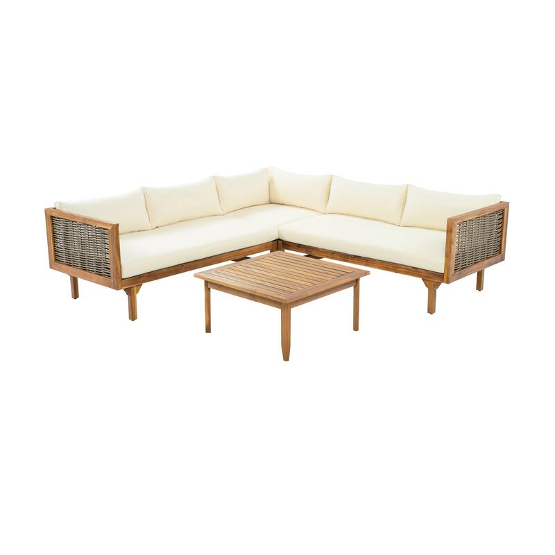 Premium Sectional Seating Group with Waterproof Cushions and Acacia Wood Frame for Outdoor Use Beige