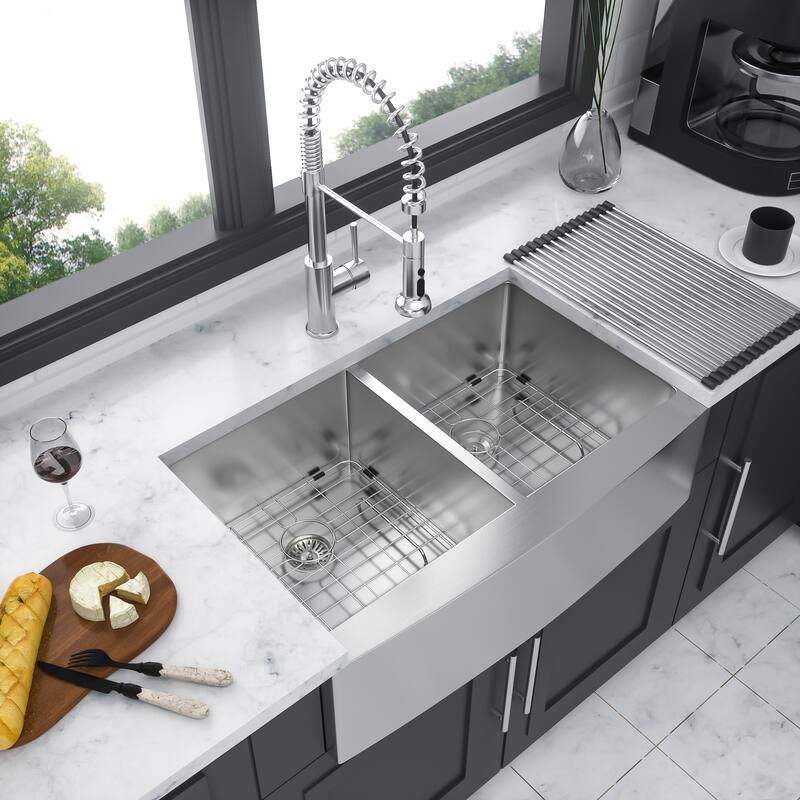 Double Bowl (50/50) Farmhouse Sink - Apron Front Kitchen Sink 16 Gauge with Two 10" Deep Basin - Brushed Nickel