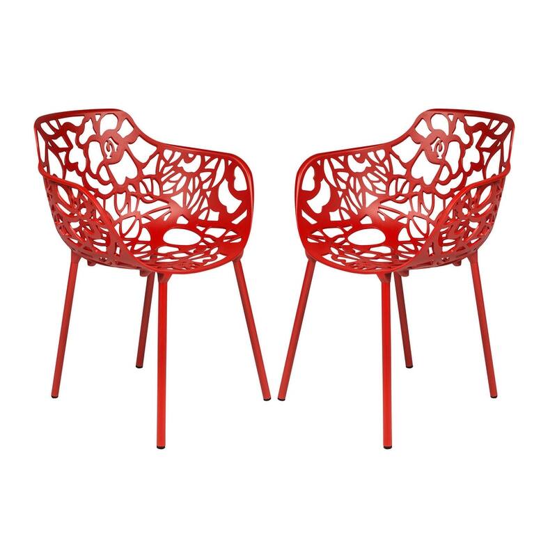 Devon Modern Floral Cutout Dining Chair with Integrated Armrest Stackable Aluminum Frame UV-Resistant Patio Chair Set of 2 - Red