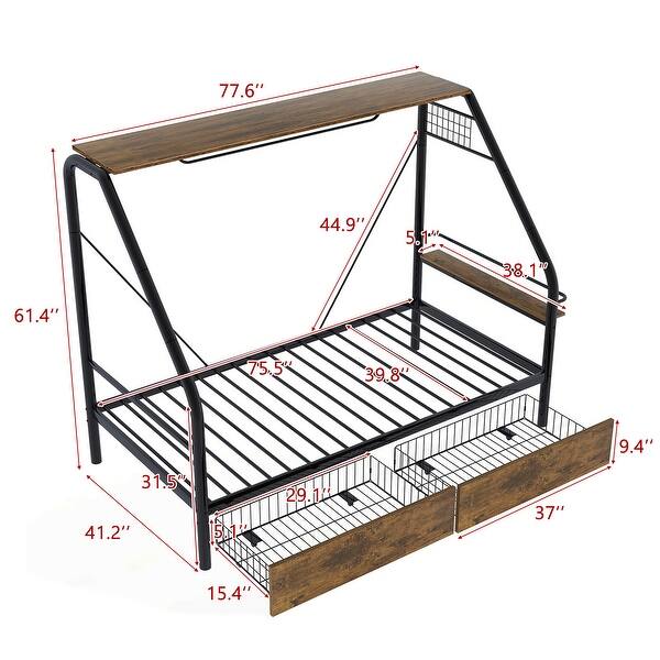 Twin Size Metal Platform Bed with Clothes Rack, Shelves and 2 Drawers