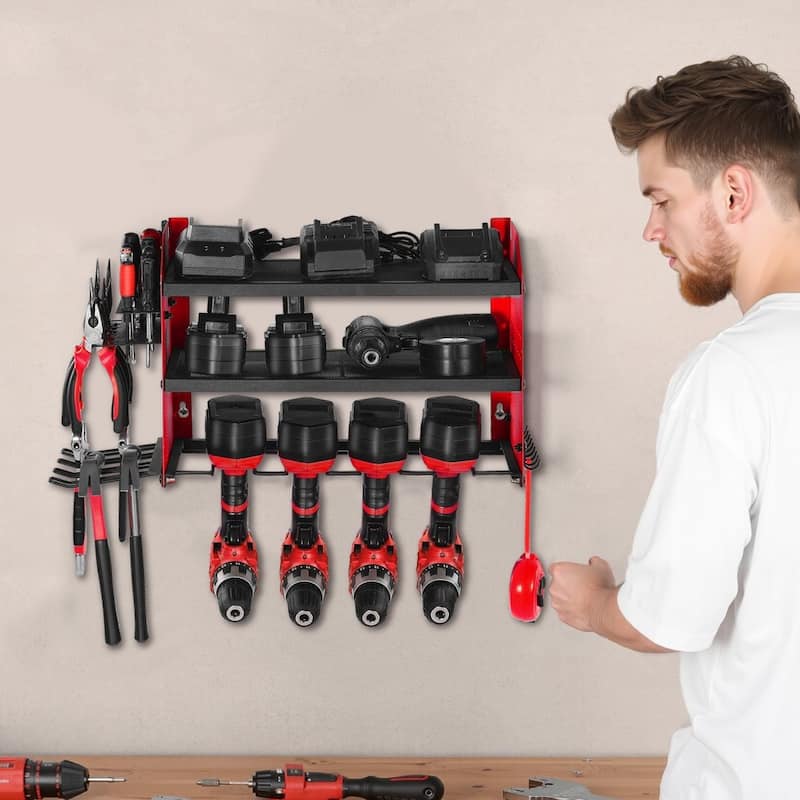 3-Tier Wall Mounted Power Tool Rack with Adjustable Shelf and 4 Drill Slots Pegboard Hooks - 23.31” x 8.66” x 12.01”