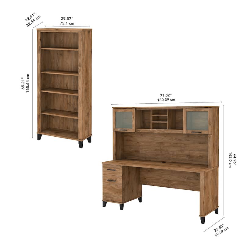 Somerset 72W Office Desk with Hutch and 5 Shelf Bookcase in Ash Gray