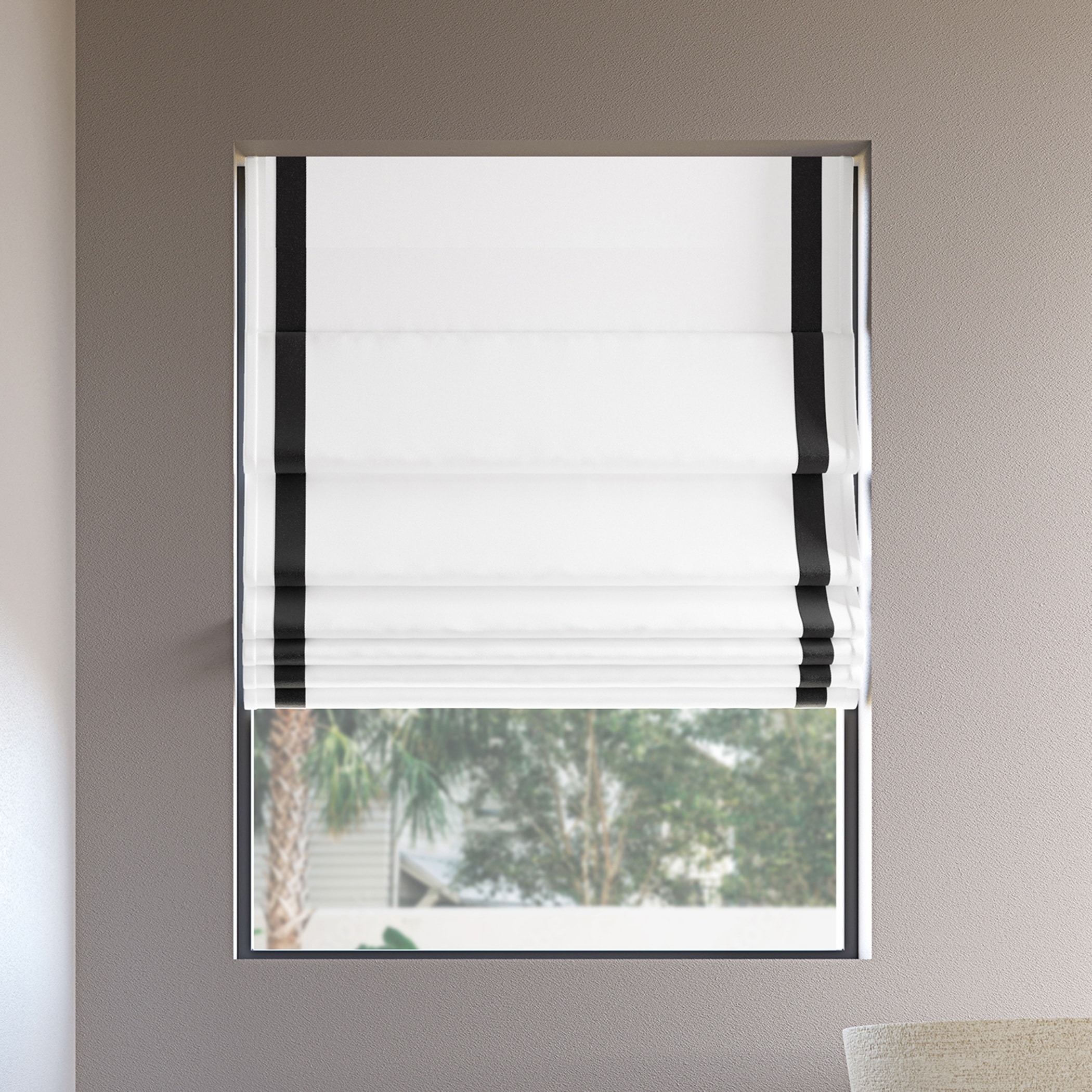 Sun Zero Olander Ribbon Border Total Blackout Cordless Roman Shade