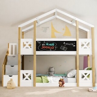 Twin House Bunk Kids Bed Frame with Storage Staircase, Blackboards, Safety Rails, White