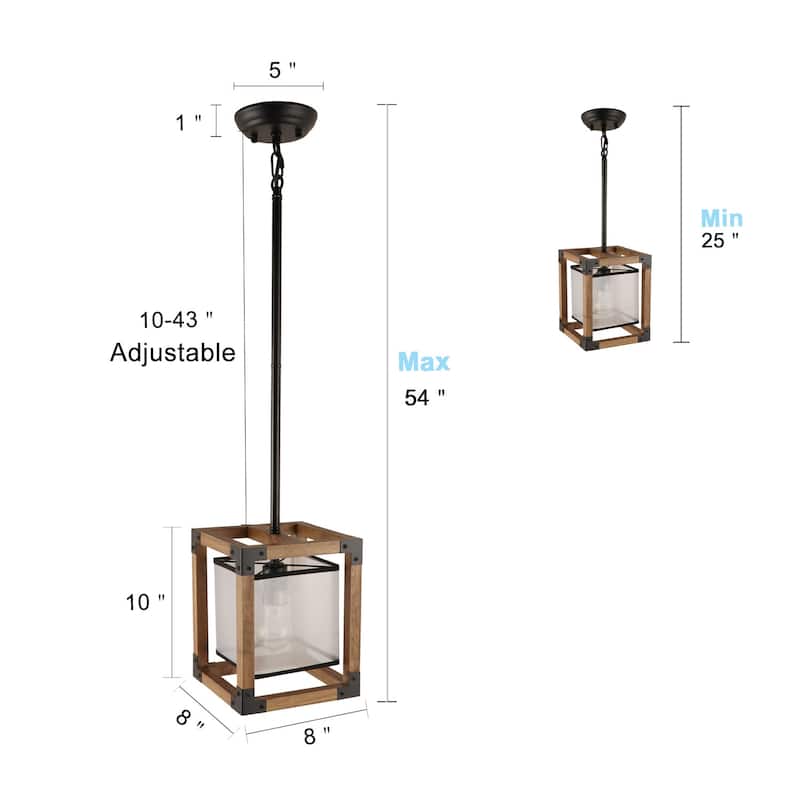 Anmytek 1-Light Farmhouse Wood Square Pendant Light Fabric Shade Kitchen Island Lights for Dining Room - 8" L x 8" W x 10" H