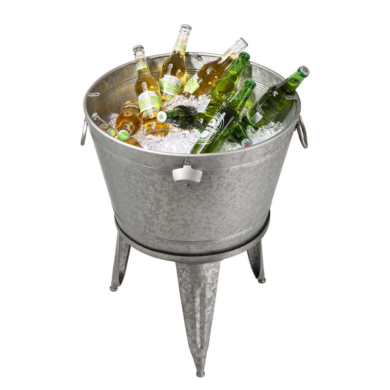Glitzhome 8 Gallon Galvanized Metal Ice Bucket Beverage Cooler Tub with Stand & Wood Lid