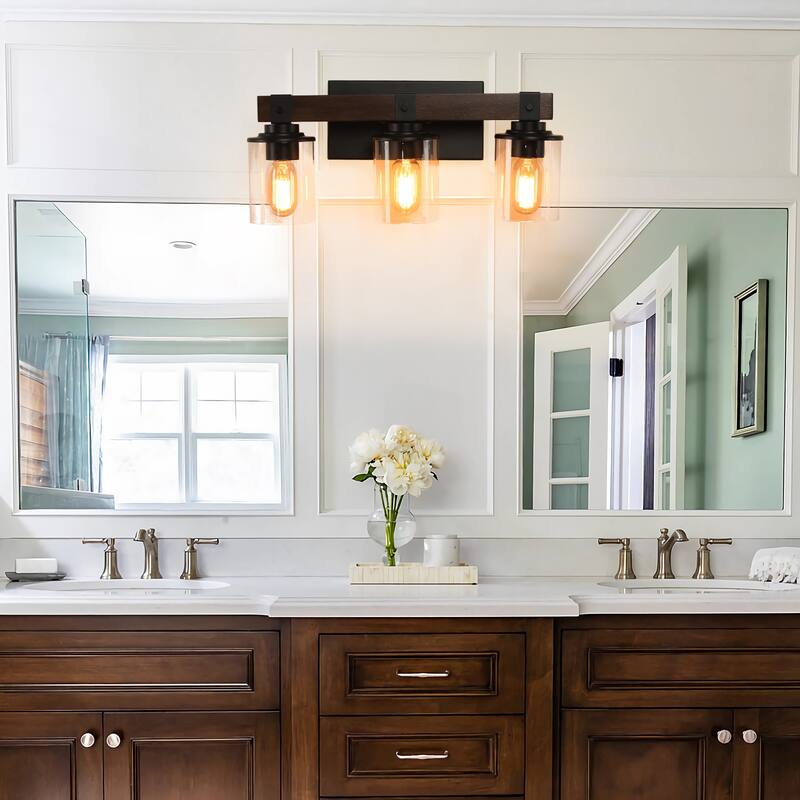 19" Rustic 3-Light Vanity Light, Industrial Bathroom Wall Sconce with Glass Shades and Wood Accent (No Bulbs) - Walnut