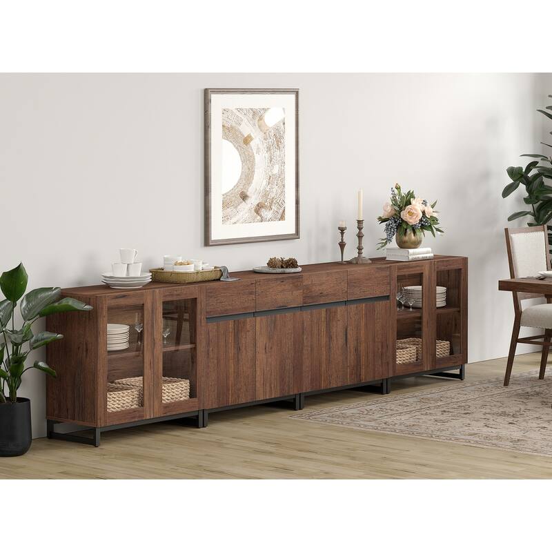 Modern Sideboard with Adjustable Shelves, 4 in 1 Storage Cabinet with Glass Doors, Coffee Bar Cabinet for Living Room, Kitchen - 126 inches - Brown