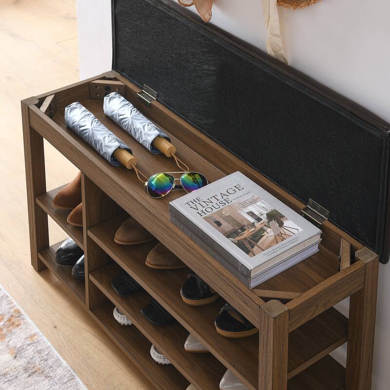 A height-adjustable long shoe-changing bench with seat,concealed storage space and large storage compartments,, natural wood