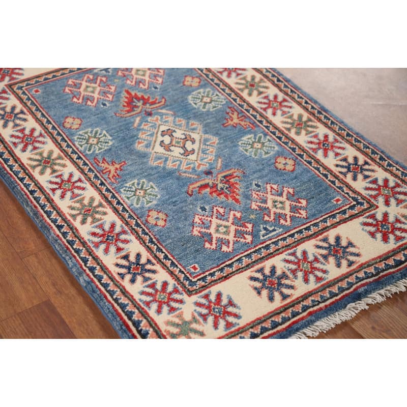 Blue Geometric Kazak Accent Rug Handmade Wool Carpet - 2'0" x 3'1"