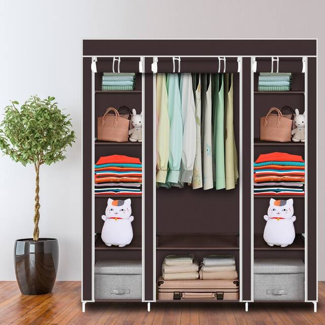 Portable Clothes Rack Closet with Cover and Hanging Rod - 150*45*175CM 12-Lattices - Brown