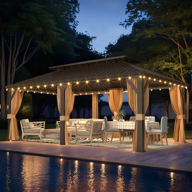 Outdoor Hardtop Gazebo with Double Galvanized Steel Roof & Aluminum Frame, Featuring Curtains and Netting for Added Comfort