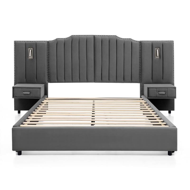 Queen Size Upholstered Bed Frame with Velvet Fabric, Vertical Stripe Design with Buttons Around Platform Bed
