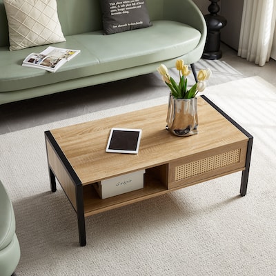 Natural 40.16" Rattan Coffee Table Featuring Sliding Door Storage and Metal Frame