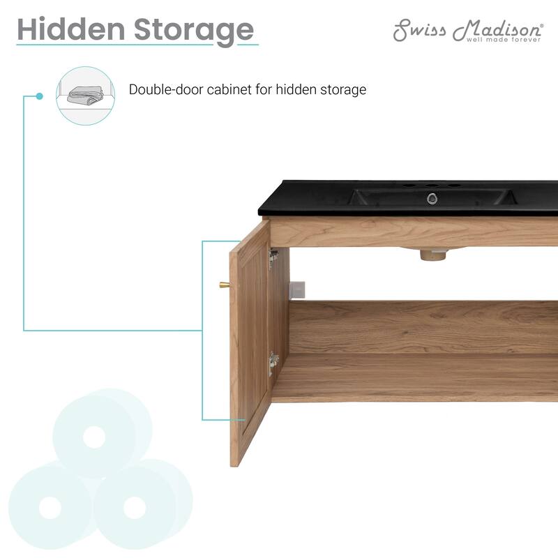 Classe 36 In. Brown Oak Wall Hung Bathroom Vanity With Black, 3-Hole Ceramic Sink Top