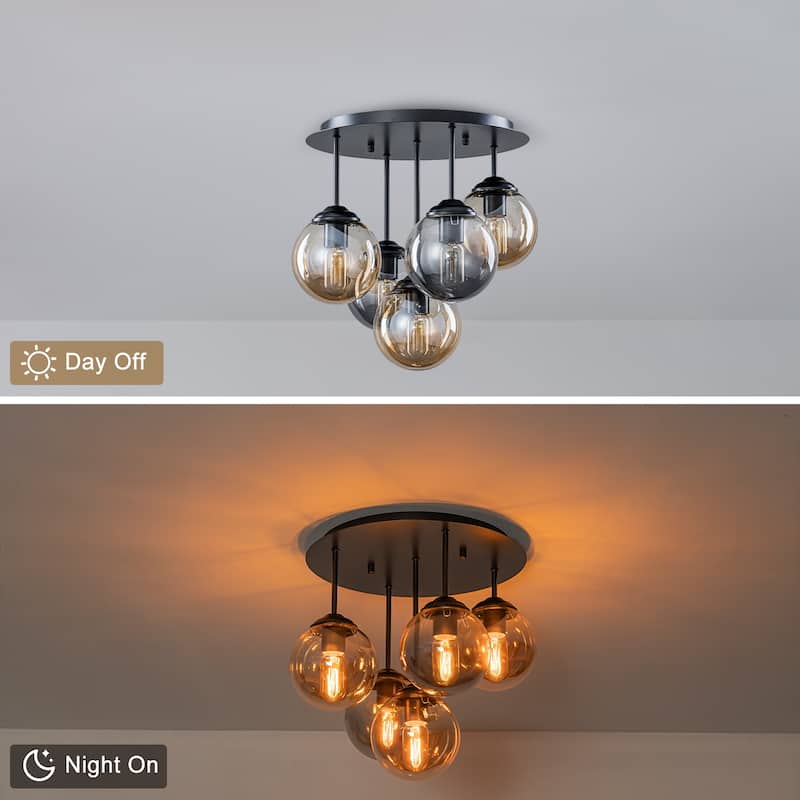 5 Lights Semi-Flush Mount Ceiling Light Smoky Gray&Amber Glass Globes - Dia.17.32-in