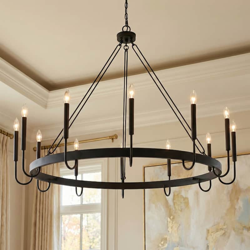 Kiro 12-light 46In Farmhouse Candle Wagon Wheel Chandelier with UL Certified - 46'' - Aged Zinc