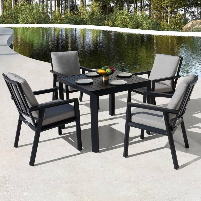 Outdoor 5-Piece Aluminum Dining Set with Soft Gray Cushions