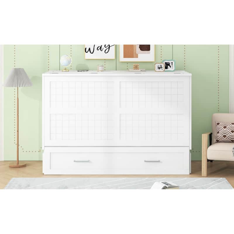 Queen Pine Murphy Bed with Drawer & Bedside Shelves, Space-Saving Design
