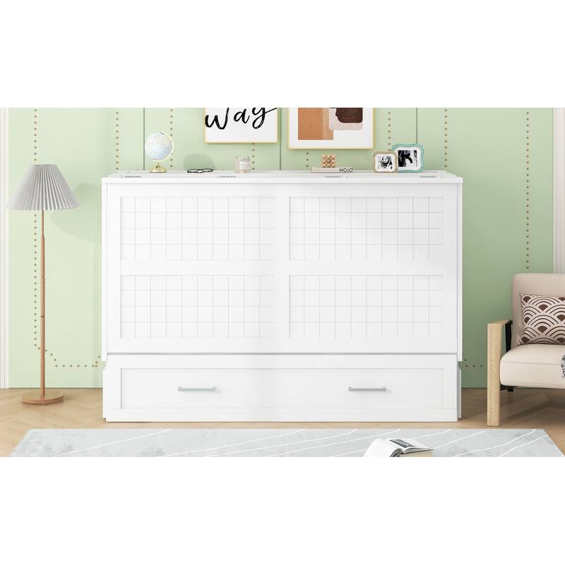 Queen Size Mobile Murphy Bed with Large Storage Drawer, 2 Side Shelves, and Foldable Design