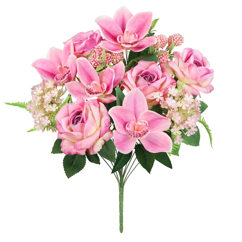 Set of 2 Fuchsia Pink Artificial Mixed Rose Cymbidium Orchid Snowball Flower Stem Bush Bouquet 19in - 19" L x 12" W x 12" DP